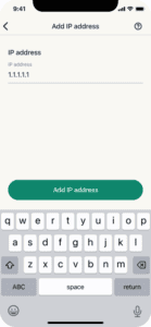 The "Add IP address" page in the ExpressVPN app for iOS.