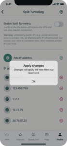 The "Apply changes" pop-up for the split tunneling feature in the ExpressVPN app for iOS.