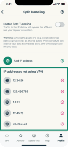 The "IP addresses not using VPN" section in the Split Tunneling tab in the ExpressVPN app for iOS.