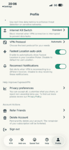 The Internet Kill Switch option in the Profile tab in the ExpressVPN app for iOS.