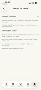 The Internet Kill Switch page in the ExpressVPN app for iOs, showing the Standard Kill Switch selected.