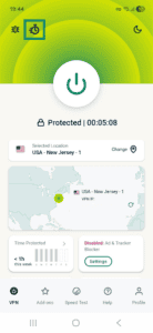 ExpressVPN Android app's homescreen with the stopwatch icon on the top left.