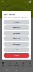 List of pause intervals on ExpressVPN's Android app.