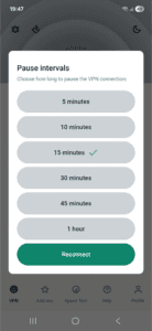 The Pause intervals pop-up in the ExpressVPN app for Android, showing a list of available intervals and a Reconnect button.