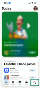 Alt text: App Store on iOS, with a highlighted Search button.