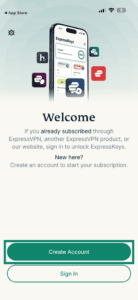 ExpressKeys "Welcome" screen, with a highlighted "Create Account" option.