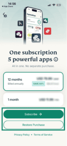 The subscription options for ExpressKeys, with a highlighted "Subscribe" and "Restore Purchase" buttons.