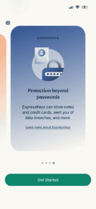 The last screen of the ExpressKeys onboarding carousel, showing the text "Protection beyond passwords" with a Get Started button at the bottom