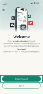ExpressKeys "Welcome" screen, with a highlighted "Create Account" option.