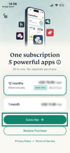 The subscription options in ExpressKeys on iOS, with a highlighted "Subscribe" button.