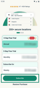 The subscription options in the ExpressVPN app for Android.