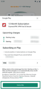 the Google Play subscription pop-up screen for purchasing an ExpressVPN subscription on Android.