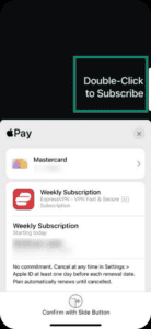ExpressVPN sign up process showing Double-Click to Subscribe option on Apple Pay.