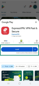 Google Play store showing install button for ExpressVPN.