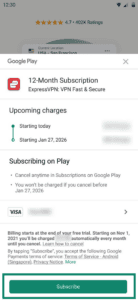 Google Play store showing subscription to ExpressVPN process.