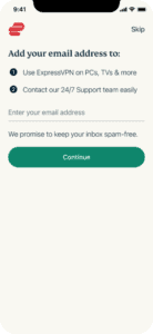 ExpressVPN email set up screen.