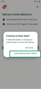 ExpressVPN email setup screen showing Continue Without Email button highlighted.