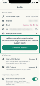 ExpressVPN Profile tab showing Add Email Address button highlighted.