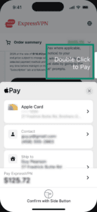 ExpressVPN sign up page showing Double Click to Pay option via Apple Pay.