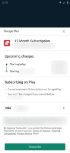 Identity Defender Android app interface, showing the subscription checkout page.