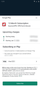 Google Play's subscription page in the Identity Defender app on Android.