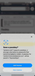 The "save a passkey" prompt on an iOS device.