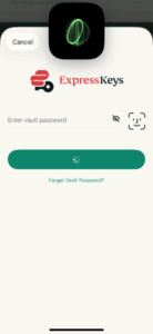 ExpressKeys' login page, with Face ID authentication in process.