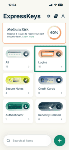 ExpressKeys dashboard showing Logins highlighted.