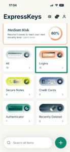 ExpressKeys' main screen, with a highlighted "Logins" widget.