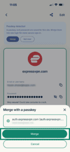 ExpressKeys login showing merge passkey with a login.