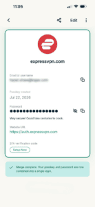 ExpressKeys login showing confirmation screen for passkey and login merge.