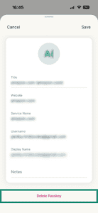 A passkey entry in the ExpressKeys app, with a highlighted "Delete Passkey" button.