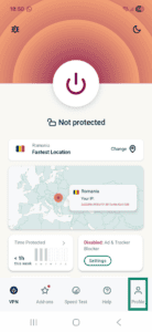 ExpressVPN app interface on Android, showing the VPN page and a highlighted "Profile" tab.
