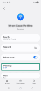 Android page for a Wi-Fi network connection. The "IP settings" widget is highlighted.