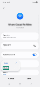Android page for a Wi-Fi network connection. The "Static" option for the "IP settings" dropdown menu is highlighted.