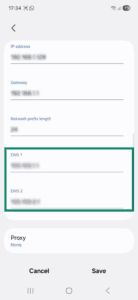 The DNS 1 and DNS 2 fields in Android settings highlighted.