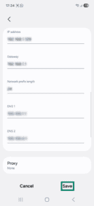 IP and DNS settings on Android, with a highlighted "Save" button.