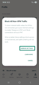 ExpressVPN app interface on Android, showing the "Block All Non-VPN Traffic" popup window. The "Android Settings" option is highlighted.