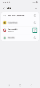 Android VPN settings page, showing a highlighted cog icon next to ExpressVPN.