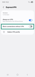 Android VPN settings page for ExpressVPN. The "Block connections without VPN' option is highlighted.