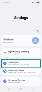 Android Settings app, showing a highlighted "Connections" option. 
