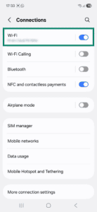 Android Connections tab, showing a highlighted Wi-Fi widget.