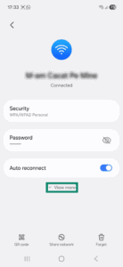 Android page for a Wi-Fi network connection. The "View mode" option is highlighted.