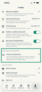 ExpressVPN iOS Profile menu with Privacy preferences highlighted