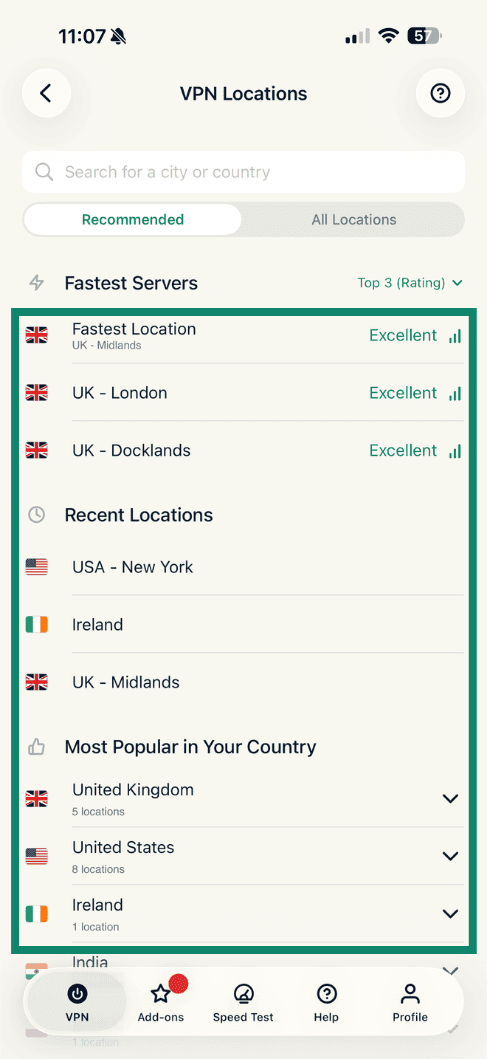 ExpressVPN iOS app interface, showing a list of server locations. Several servers are highlighted.