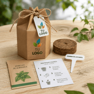 Regalo corporativo caja cartón hexagonal con disco de turba comprimida y semillas