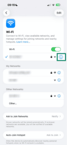 iOS Wi-Fi settings showing information icon next to connected network highlighted.