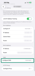 iOS Wi-Fi settings showing Configure DNS highlighted.