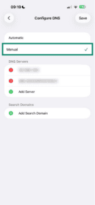 iOS Wi-Fi settings showing Configure DNS options and manual setting highlighted.