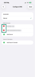 iOS Wi-Fi settings showing Configure DNS and red minus buttons next to DNS servers highlighted.